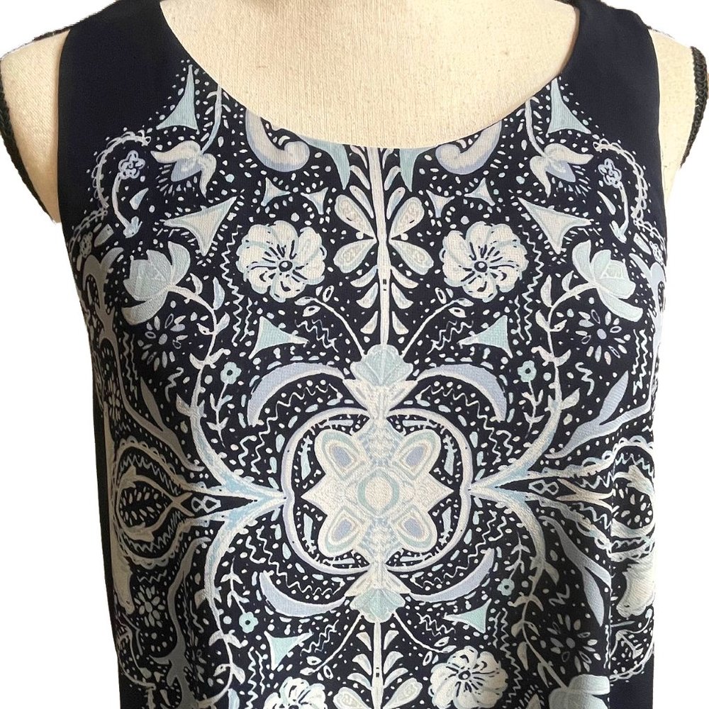 MAX STUDIO Sleeveless Tunic Top Sheer Crepe Navy Light Blue Lined XL - Picture 7 of 12